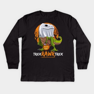 Trick Rawr Trick Halloween Dinosaur Ghost T Rex Kids Long Sleeve T-Shirt